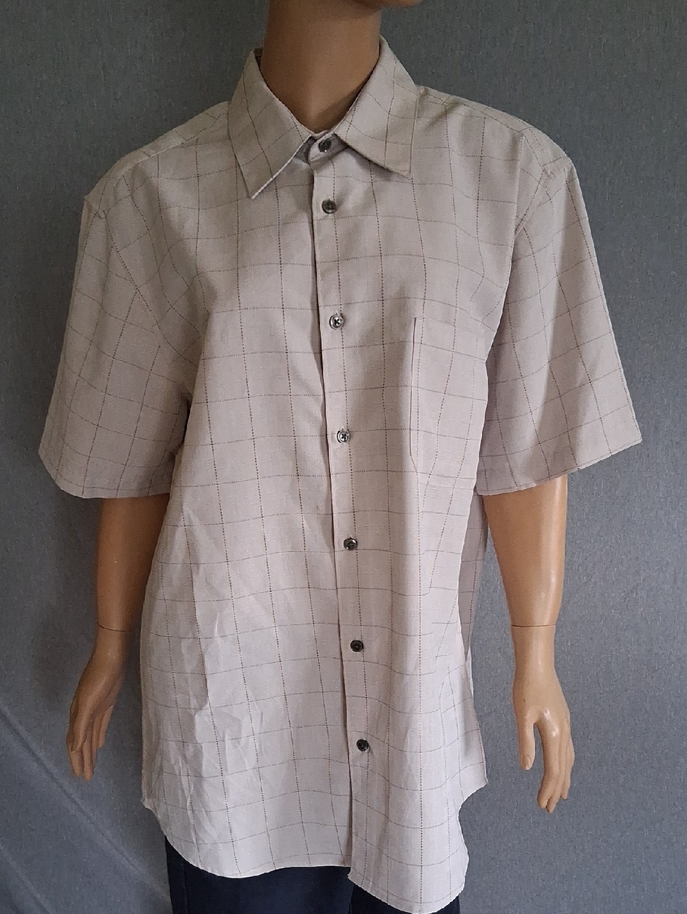 Savane Short-Sleeve Beige Windowpane Button-Down Shirt